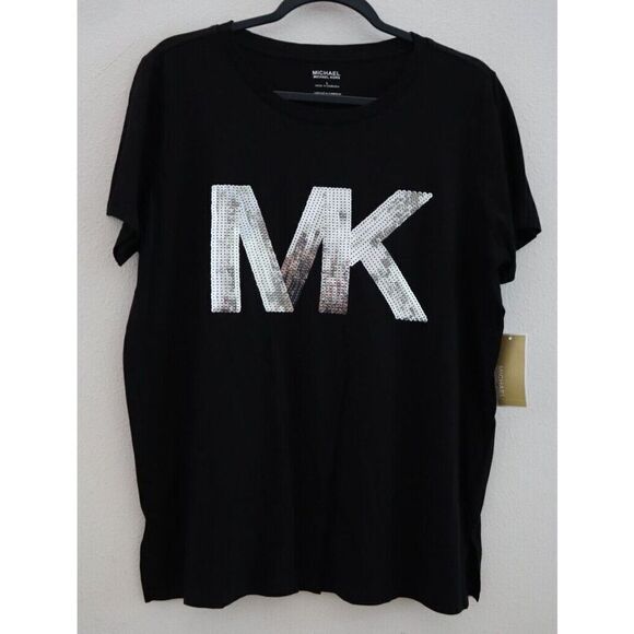 Michael Kors QH350C36TF Women's Sz L Black/Silver "MK" Sequin Logo T- Shirt - Picture 1 of 7